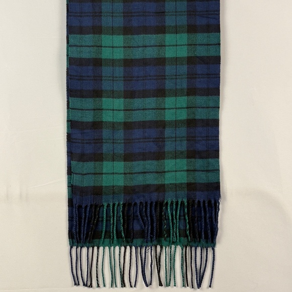 100% Cashmere Luxury Plaid Scarf Fringed Blue Green Made in Scotland 12 X 66 - Picture 3 of 7